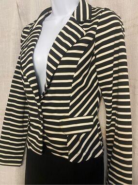 Vtg 2000s LA Kitty Striped Blazer Jacket Black Cream Single Button Indie Sleaze